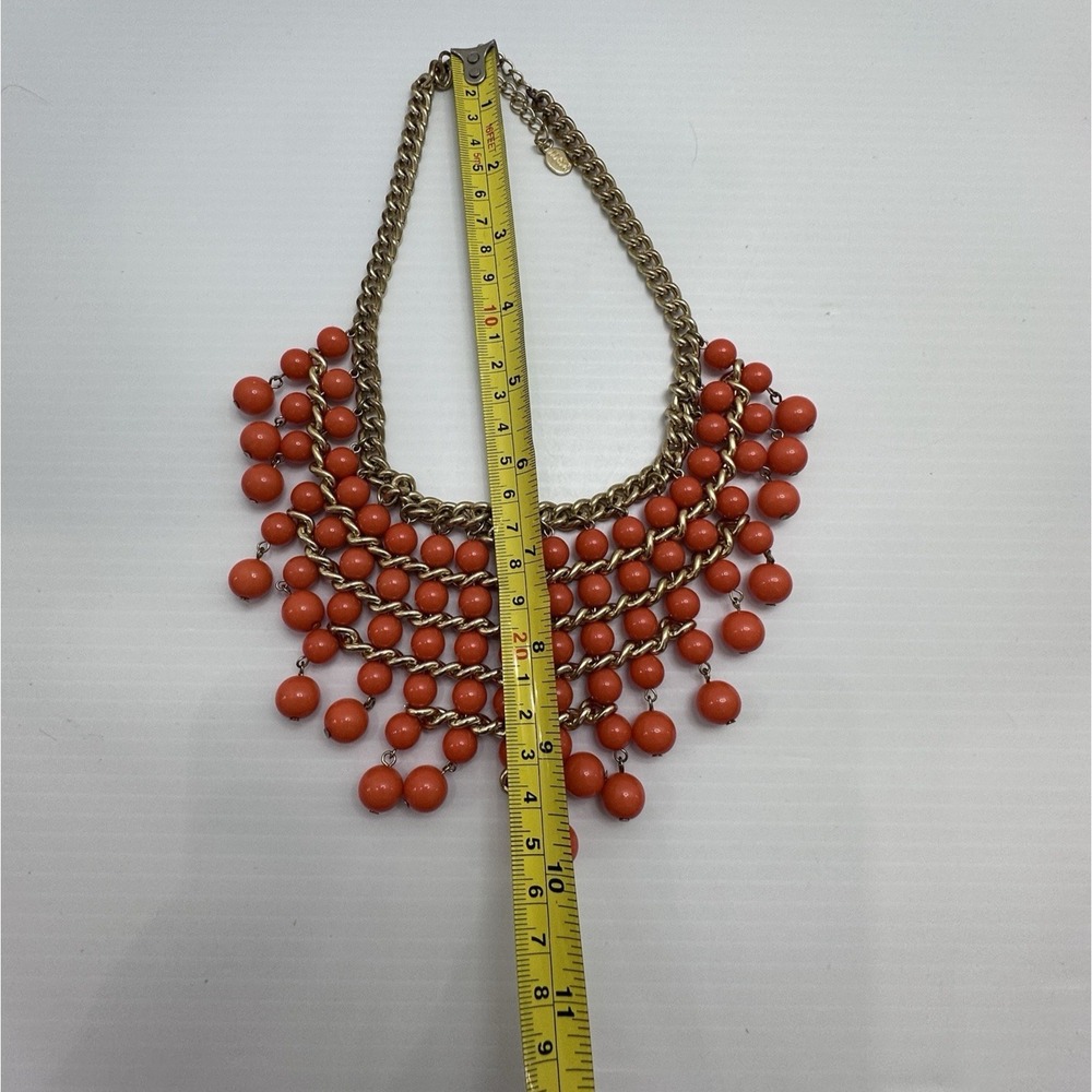 LUCIA Signed Orange Beaded Statement Necklace Gold Tone Bib Fringe Chunky Bold - Picture 8 of 10